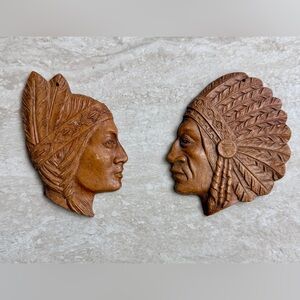 Vintage Chalkware Wall Plaques Set - Native American Indian Chief & Princess